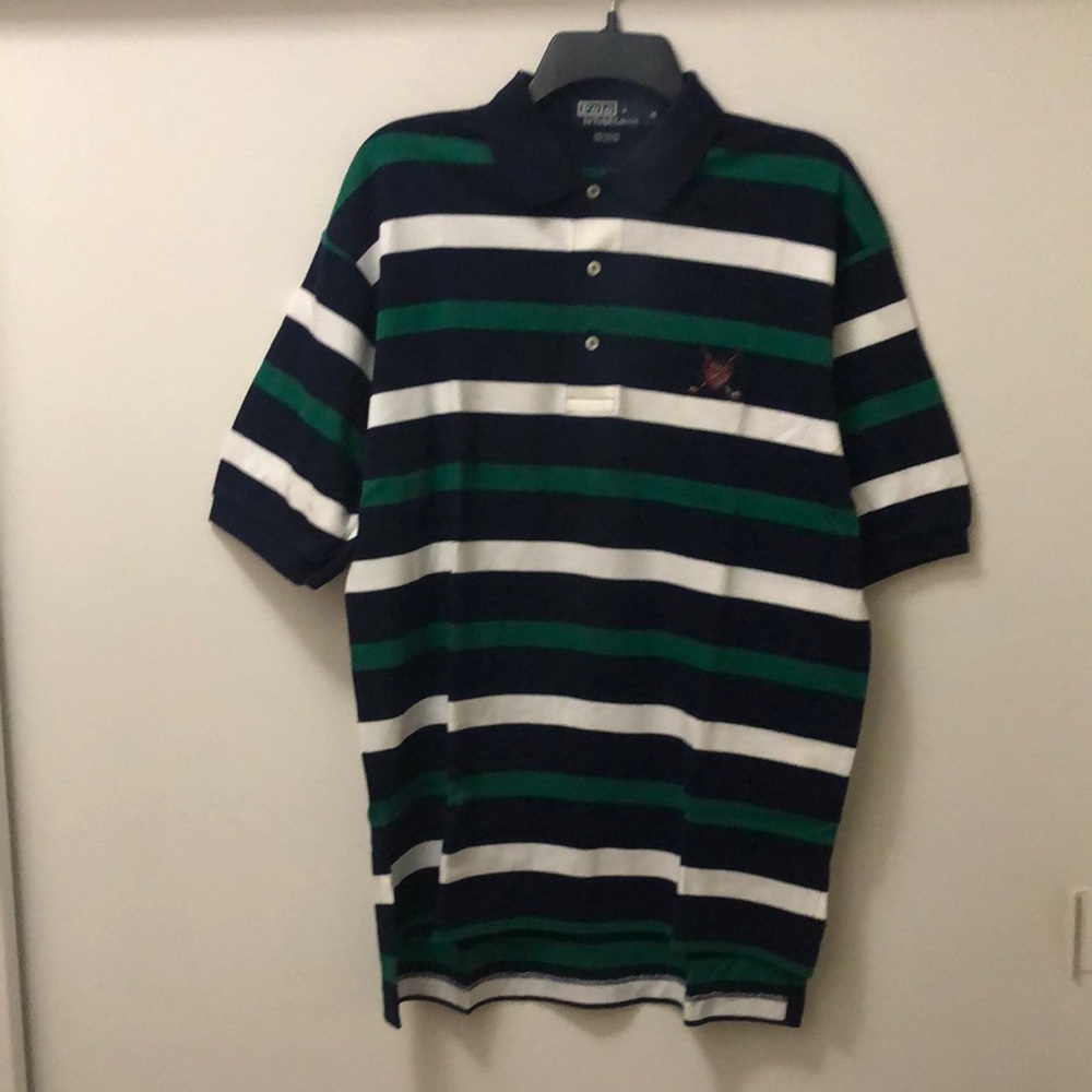 Polo Men’s Medium Navy Blue, Green & White striped polo shirt. Like new!